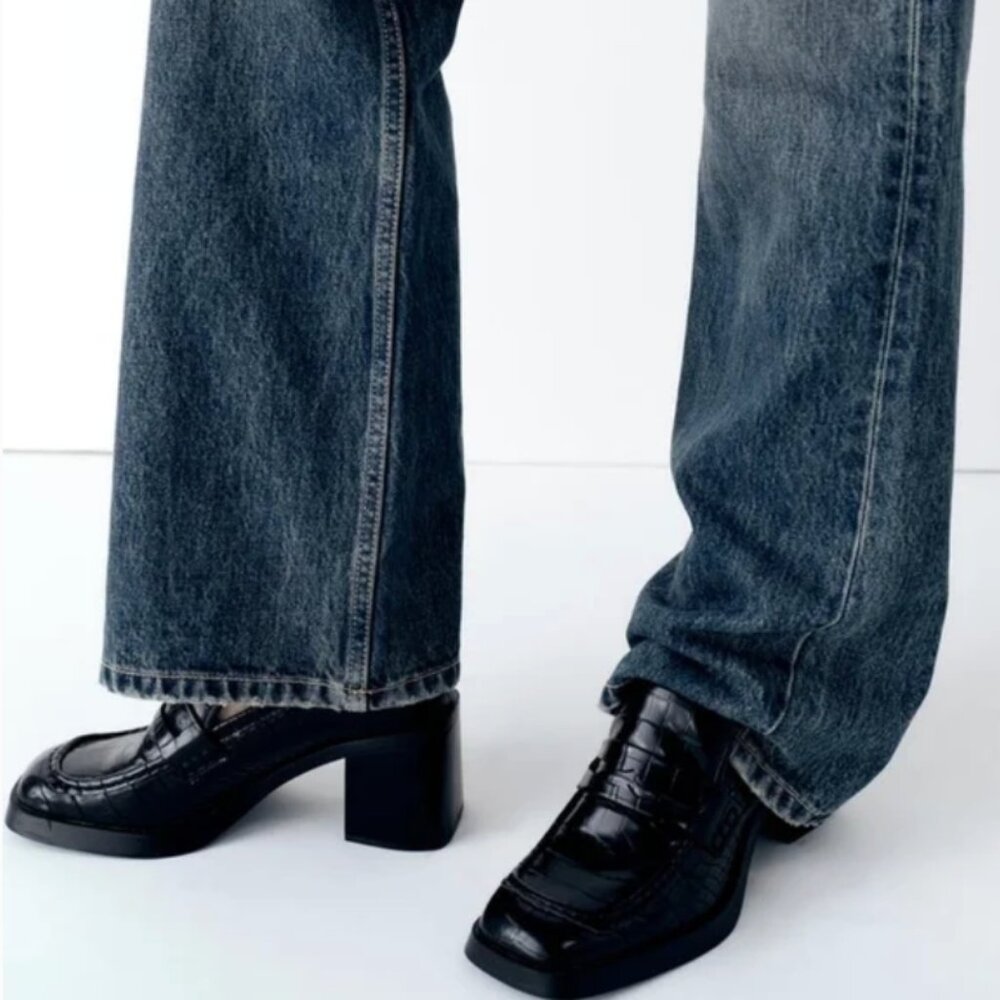 Zara Block Black Croc Heeled Loafers - Picture 5 of 8